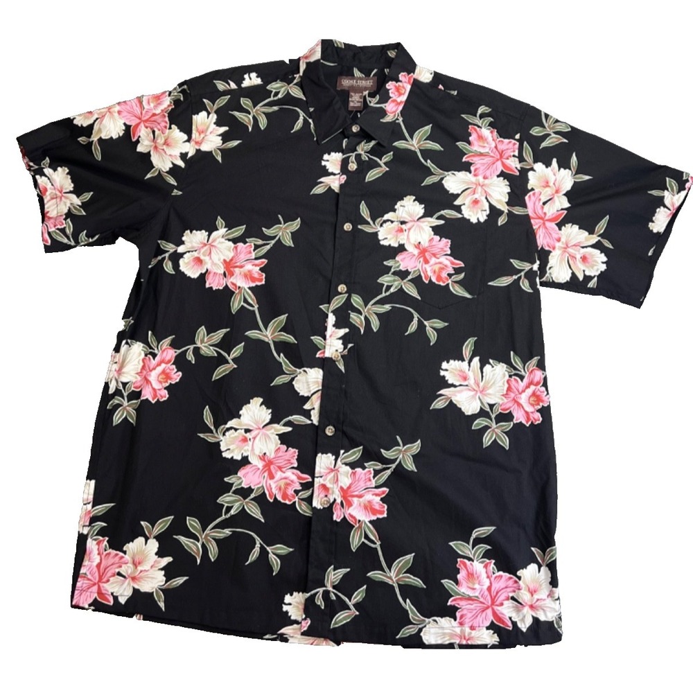 Cooke Street Mens L Hawaiian Floral‎ Print Short Sleeve Button Up Black Hibiscus